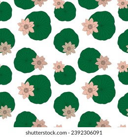 Summer floral seamless pattern with delicate flowers and water lily leaves on a white background.