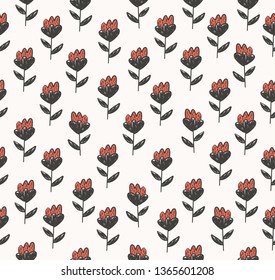 Summer floral seamless pattern with doodle red tiny flowers on cream white background. Trendy hand drawn plants texture for textile, wrapping paper, surface, wallpaper