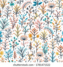 Summer Floral Seamless Pattern. Doodle Plants, Branches with Leaves, Flowers and Berries Vector Background
