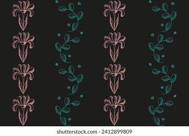 Summer Floral seamless pattern with doodle flowers on black background. Design spring banner with Spring green Plant. Vector illustration can used wallpaper, textile print