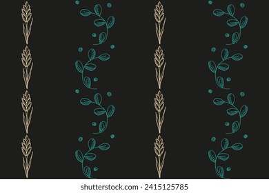 Summer Floral seamless pattern with doodle Wheat and tree branch on black background. Design spring banner with green Leaves. Vector illustration can used wallpaper, textile print