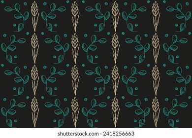 Summer Floral seamless pattern with doodle Wheat and tree branch on black background. Design spring banner with green Leaves. Vector illustration can used wallpaper, textile print