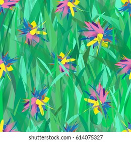 Summer floral seamless pattern with exotic flowers growing in green grass. Green meadow with bright colorful flowers.