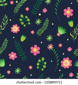 Summer floral seamless pattern. Flowers and branches in bright colors. Vector illustration.