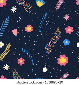 Summer floral seamless pattern. Flowers and branches in bright colors. Vector illustration.