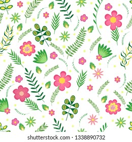 Summer floral seamless pattern. Flowers and branches in pastel colors. Vector illustration.