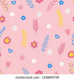 Summer floral seamless pattern. Flowers and branches in pastel colors. Vector illustration.