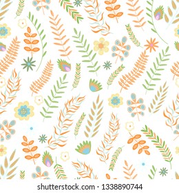 Summer floral seamless pattern. Flowers and branches in pastel colors. Vector illustration.