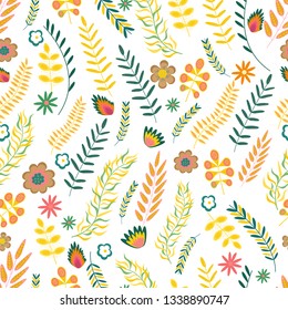 Summer floral seamless pattern. Flowers and branches in pastel colors. Vector illustration.