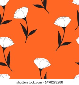 Summer floral seamless pattern with flowers on orange background. Template design for invitation, poster, card, fabric, textile. Holiday illustration or congratulation. Doodle style.