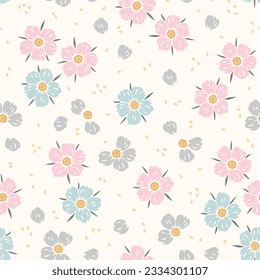 Summer Floral Seamless Pattern. Flowers of Strawberry or Fruit Tree Flower such as Cherry, Pear, Plum or Apple tree. Great for Textile, Wrapping Paper, Packaging etc. Pastel colors