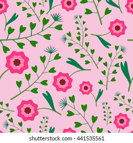 Summer floral seamless Pattern with flowers and a Shepherd's bag Pink.Vector illustration .Can be used for fabric,textile,wrapping paper.