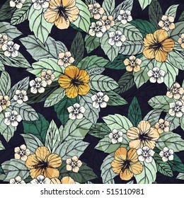 Summer floral seamless pattern with hibiscus flowers.