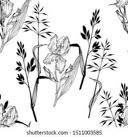 Summer floral seamless pattern with irises and grass. Line Art. Hand drawn sketch style. Black and white vector illustration. White background