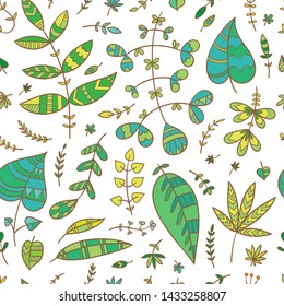 Summer floral seamless pattern with leaves on white  background. Vector contour colorful  image.