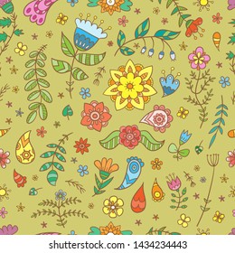 Summer floral seamless pattern with leaves and flowers. Vector contour colorful image.