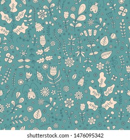 Summer floral seamless pattern with leaves and flowers on turquoise  background. Vector contour colofful  image. Doodle bugs.