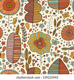 Summer floral seamless pattern made of leafs, flowers and butterflies. Seamless pattern can be used for wallpapers, pattern fills, web page backgrounds,surface