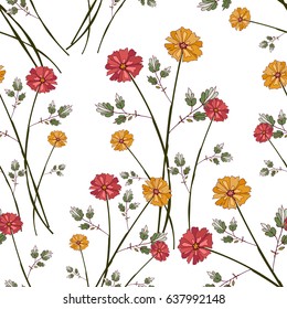 summer floral seamless pattern with red and yellow flowers, stylized, abstract