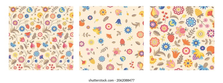 Summer floral seamless pattern set. Simple cartoon design for children. Decor for wrapping paper, fabric and wallpaper. Abstract cute ornament  in pastel colors.