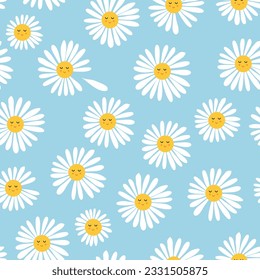 Patrón veraniego sin fisuras con flores de margarita sonriente, decoración moderna en las paredes, papel pintado, fondo de inspiración estival 