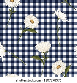 Summer Floral seamless pattern. Softy white blooming on navy and white gingham, checked background. Vector illustration.