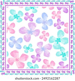 Summer floral seamless pattern with watercolor blue and pink flowers on white background in frame with avant-garde vintage ornament. Floral pattern can be used as seamless print too. Vector.