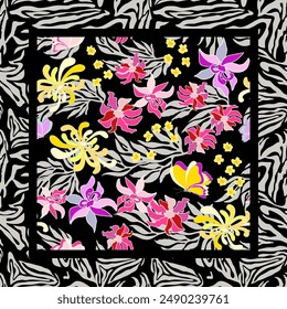 Summer floral seamless pattern in wide tiger print frame. Bright blooming tropical flowers, butterflies and gray leaves on black and gray background. For fabric, wallpaper, cover, home décor. Vector.