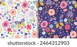 Summer floral seamless patterns set with colorful flowers, butterflies and plants, seasonal vegetation, decorative wallpapers, elegant backgrounds