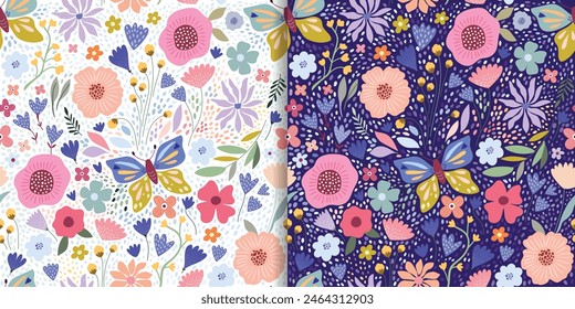 Summer floral seamless patterns set with colorful flowers, butterflies and plants, seasonal vegetation, decorative wallpapers, elegant backgrounds