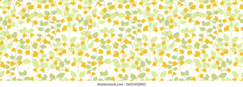 Summer floral seamless vector pattern with yellow flowers and green leaves on a light background. Bold and elegant, ideas for fashion, fabric design, packaging, digital prints