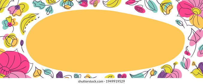 Summer floral seasonal cover web page with yellow spot background. Flowerbed with bright neon colors. White backdrop
