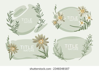 Summer floral set title nature design. Hand drawn flowers vector design elements. Green natural product icons and elements for food market, healthy life. Vector outline illustration
