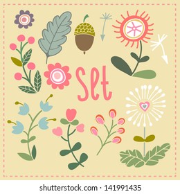 Summer floral set in vector. Cute cartoon flowers and plants.
