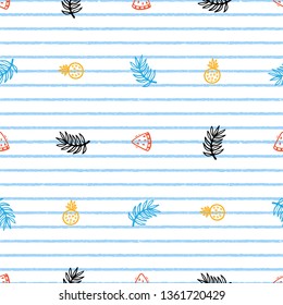 Summer Floral Tropical Fruits Background. Palm Tree Leaves, Watermelon Slices and Pineapples Vector Seamless Pattern.