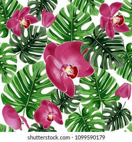 Summer floral vector background. Tropical palm leaves and pink orchids flower seamless pattern.