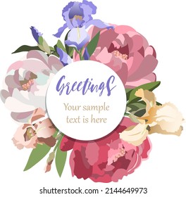 Summer floral vector composition with blooming pink and white peonies, blue and yellow iris flowers with copy space.