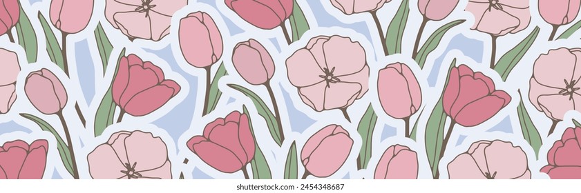 Summer floral vector design with pink tulips. Floral background, design for wallpaper, covers, posters or banners.