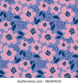 Summer Floral Vector Illustration In Retro 60s Style. Abstract Hand Drawn Flowers Seamless Pattern For Fabric, Wrapping Paper.