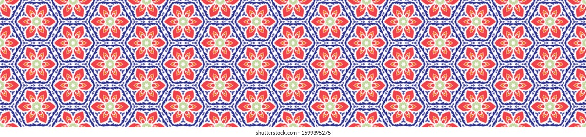 Summer floral vector mosaic classic white blue red on white background. Vintage retro mariner style seamless border pattern. Geometric flower flourish motif. Decorative stylized ribbon trim edge.