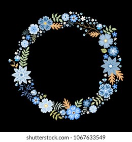 Summer floral vector round frame with cute blue flowers. Beautiful wreath isolated on black background. Vector composition.