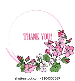 Summer floral vector round frame with  pink geranium. Hand drawn vector botanical illustration. Template greeting card, wedding invitation banner with spring flowers. round frame 
