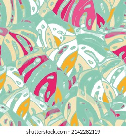 Summer Floral Vector Seamless Pattern with Tropic Palm Leaves. Miami Botanical Print. Trendy Tropical Nature Background. Nature Inspired Design Good for Textile, Wallpaper, Covers, Posters, Banners.