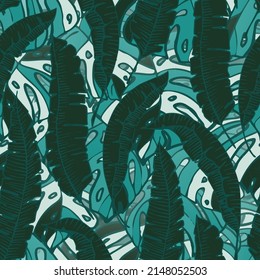 Summer Floral Vector Seamless Pattern with Tropic Palm Leaves. Hawaiian Vintage Print. Trendy Tropical Nature Background. Nature Inspired Design Good for Textile, Wallpaper, Covers, Posters, Banners.