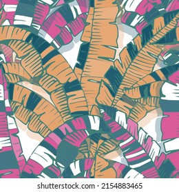Summer Floral Vector Seamless Pattern with Tropic Palm Leaves. Hawaiian Vintage Print. Trendy Tropical Nature Background. Nature Inspired Design Good for Textile, Wallpaper, Covers, Posters, Banners.
