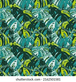 Summer Floral Vector Seamless Pattern with Tropic Palm Leaves. Miami Botanical Print. Trendy Tropical Nature Background. Nature Inspired Design Good for Textile, Wallpaper, Covers, Posters, Banners.