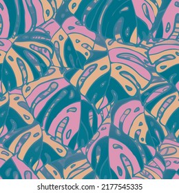 Summer Floral Vector Seamless Pattern with Tropic Palm Leaves. Miami Botanical Print. Trendy Tropical Nature Background. Nature Inspired Design Good for Textile, Wallpaper, Covers, Posters, Banners.