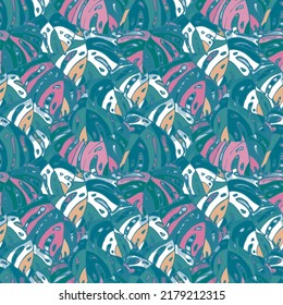 Summer Floral Vector Seamless Pattern with Tropic Palm Leaves. Hawaiian Vintage Print. Trendy Tropical Nature Background. Nature Inspired Design Good for Textile, Wallpaper, Covers, Posters, Banners.