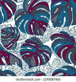 Summer Floral Vector Seamless Pattern with Tropic Palm Leaves. Hawaiian Vintage Print. Trendy Tropical Nature Background. Nature Inspired Design Good for Textile, Wallpaper, Covers, Posters, Banners.