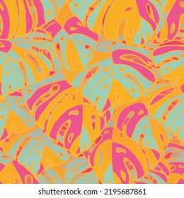 Summer Floral Vector Seamless Pattern With Tropic Palm Leaves. Miami Botanical Print. Trendy Tropical Nature Background. Nature Inspired Design Good For Textile, Wallpaper, Covers, Posters, Banners.